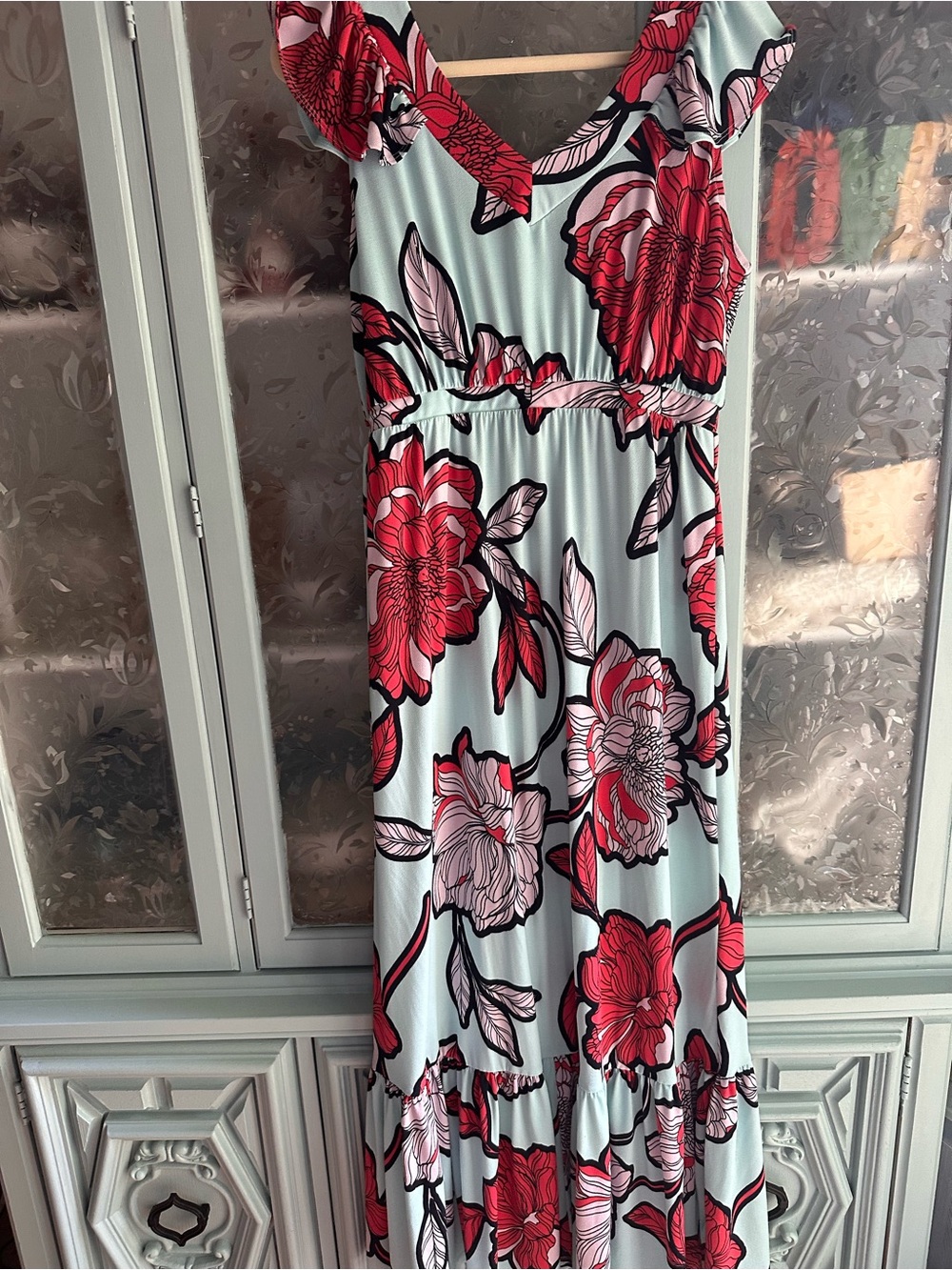 IMAN Red Floral Maxi Dress on Light Blue